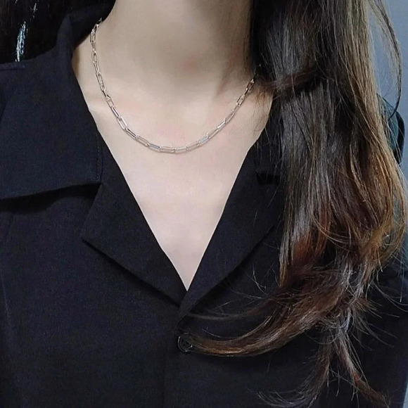 925 Sterling Silver Paperclip Necklace Minimalist Dainty Chain Link Necklace - Picture 3 of 5